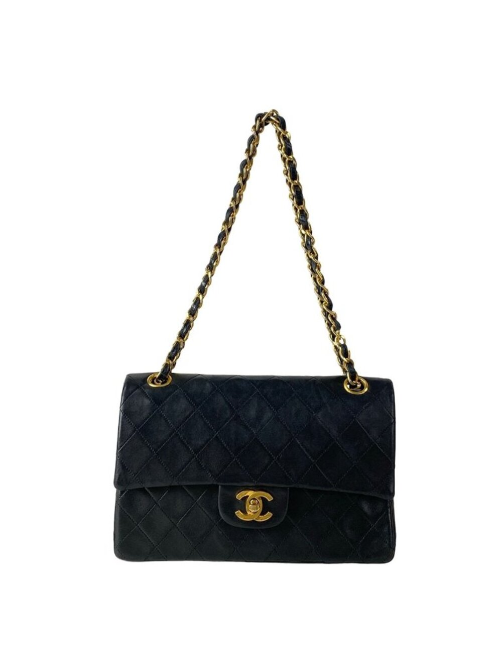 Chanel Shoulder Bag Double Flap Quilted Black Gold Chain Lambskin